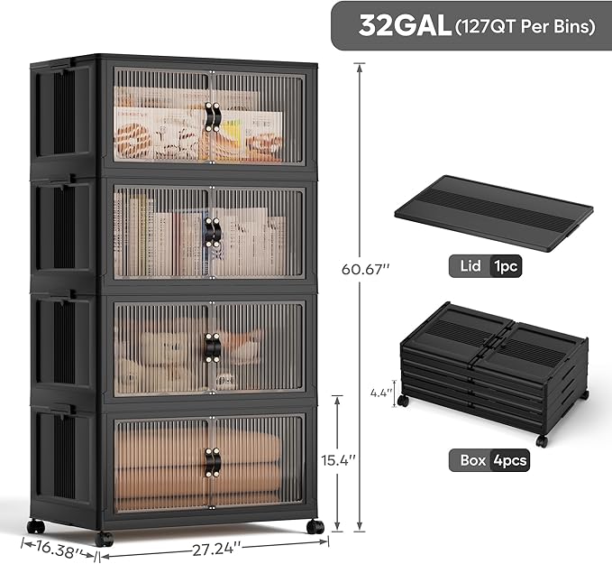 Jalove 120Gal Large Storage Bins with lids, 480QT Plastic Stackable Containers with Wheels, Collapsible Closet Organizer and Storage Drawers,Clothes Organization for Cabinet Home, 4Pack Black