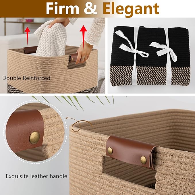 Laundry Hamper 96L Extra Large Laundry Basket, Woven Blanket Basket, Cotton Woven Storage Hamper with Handles for Living Room, Large Baskets for Pillows, Blankets, Clothes-Black & Yellow