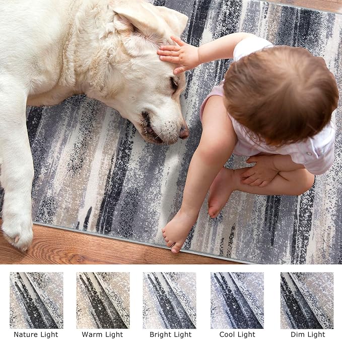 Modern Abstract 5x7 Machine Washable Area Rug Non-Slip Soft Bedroom Living Romm Rug Grey Black Multi Ultra Thin Print Faux Wool Floor Carpet Throw Rugs for Nursery Playroom Dining Room Indoor