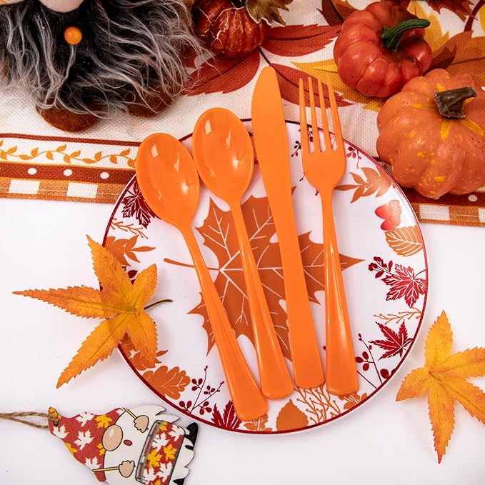 NOCCUR 180PCS Thanksgiving Plastic Silverware Disposable - Orange Plastic Cutlery Include 60 Forks, 60 Spoons, 60 Knives Ideal for Fall Party&Thanksgiving