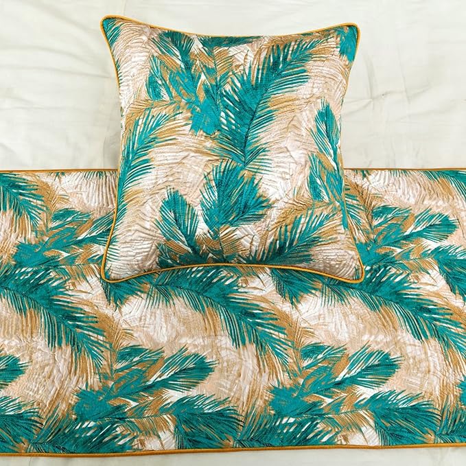 The HomeCentric King/Queen/Twin Green Decorative CA King 86"x18" Bed Runner Without Pillow Cover, Plam Leaves & Quilted Bed Scarf on Satin Fabric - Palms