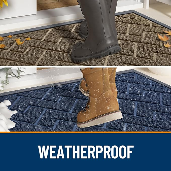 OLANLY Front Door Mat Indoor Outdoor Entrance, Waterproof All-Season, All-Weather Doormat, Sturdy Natural Rubber, Low Profile, Easy Clean Patio Porch Entryway Mat, Herringbone Brick (Blue, 71x47)