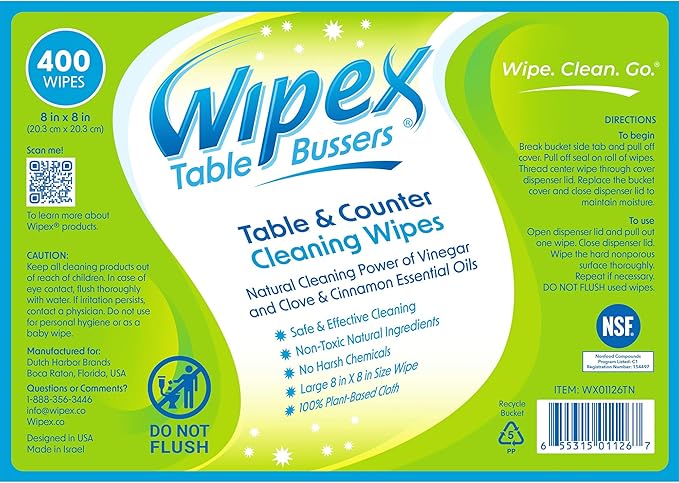 Wipex Table Bussers - Natural Table & Counter Turnover Cleaning Wipes with Vinegar, Propolis, Clove and Cinnamon Oil, 400 Count (4 Buckets, 1600 Wipes)