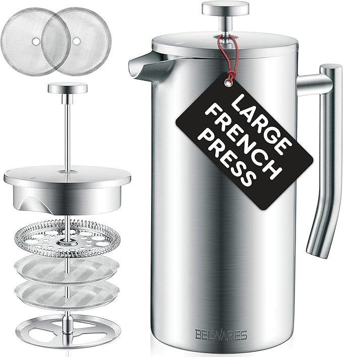 Belwares French Press Coffee Maker 50oz - 304 Stainless Steel Insulated Coffee Press, Double-Wall Heat Resistant Design with 4-Level Filtration System, Rust-Free & Dishwasher Safe (1.5 Liter), Silver