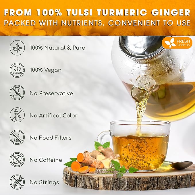 FreshDrinkUS, Premium 55 Tulsi Turmeric Ginger Tea Bags, 100% Natural & Pure from Tulsi Holy Basil Leaves, Turmeric and Ginger. Made with Natural Material Tea Bags. No Sugar, No Caffeine, Vegan.