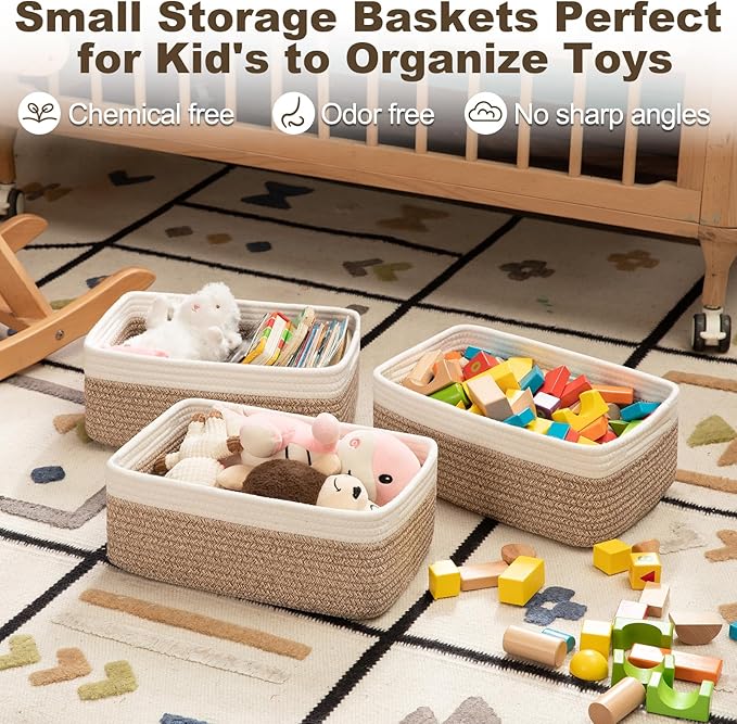 3 Pack Small Storage Baskets for Organizing, Cute Woven Decorative Gift Baskets for Shelves, Mini Closet Organizer Bins with Handles, 11.81''Lx7.87''Wx4.72''H-Brown and White
