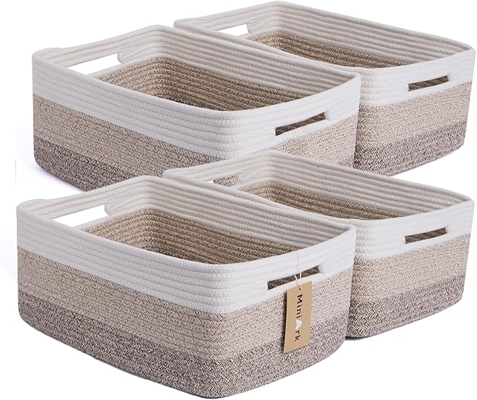 Large Storage Baskets for Organizing, Closet Shelf Baskets for Clothes Blanket Towels, Baby Nursery, Toy Bins Box, Woven Rope Baskets, 17 x 13 x 7.5”, 4 Packs Gradient Brown