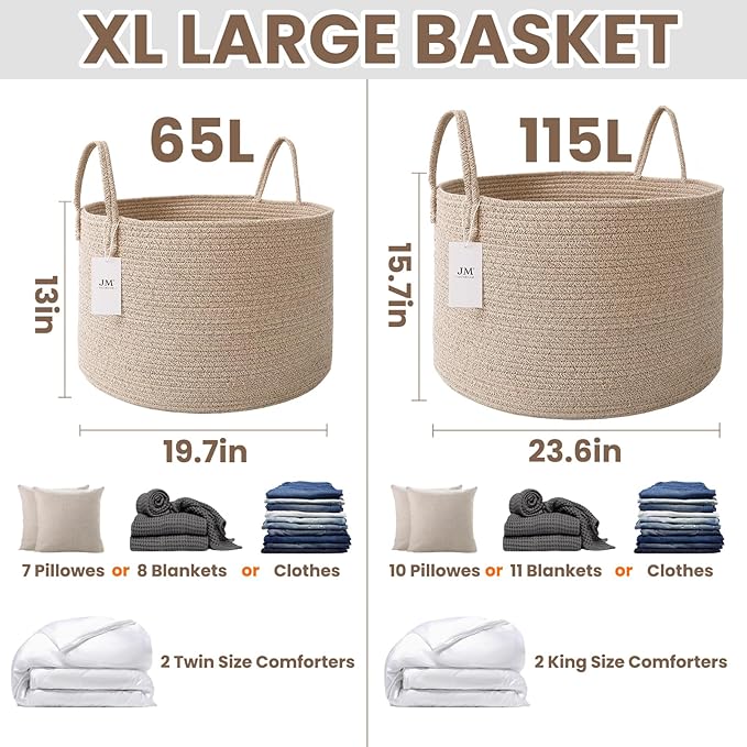 Woven Blanket Basket,65L Large Rope Storage Bin with Handles, Organizer for Blankets Toys Book and Clothes, Laundry Basket for Living Room Bedroom Nursery,Oatmeal