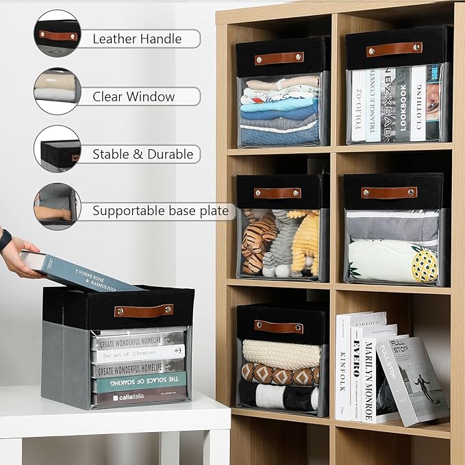 HNZIGE Cube Storage Bins 11 x 11, Fabric Cubes Storage Bins 11x11 Clear Storage Organizer,Canvas Storage Bin for Cube Storage, Cubby Collapsible Organizer Bin for Organizing Home(Gray Black 6PCS)