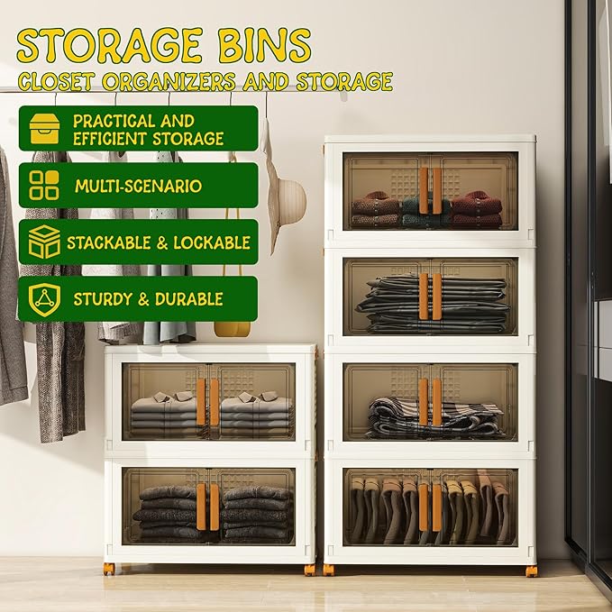 4 Tier Large Stackable Plastic Storage Bins with 1 Lid 95 QT/Tier, Collapsible Plastic Box Storage Bin with Wheels, Home Containers Boxes Closet Organizers for Living Room, Office, Dorm