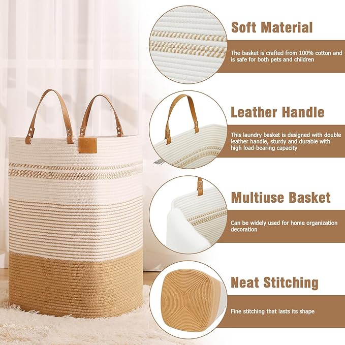 danpinera 100L Nursery Hamper, Tall Woven Laundry Basket with Long Leather Handles, Boho Laundry Hamper for Living Room & Bedroom, Eco-friendly & Convenient Decorative Storage Basket White & Jute