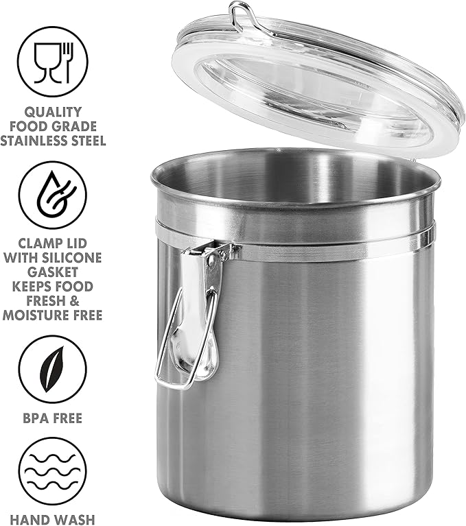 Oggi Stainless Steel Kitchen Canister 152oz + Oggi Stainless Steel 4 pc Food Storage Container Set - Ideal for Kitchen Storage