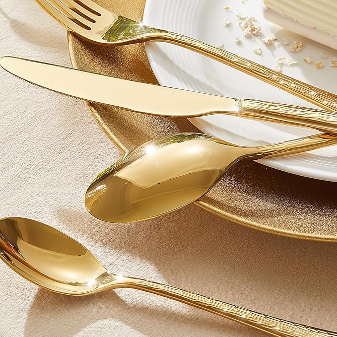 KINGSTONE Gold Hammered Silverware Set, Flatware Set with Serving Utensils, 18/10 Stainless Steel Premium Cutlery with Unique Ripple Handles Design Mirror Polished - Dishwasher Safe (45-Piece)