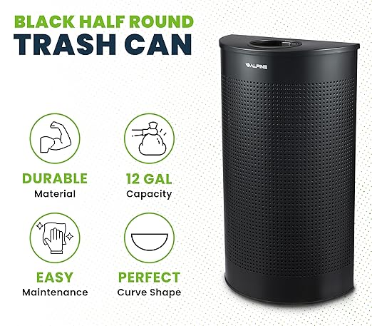 Alpine Half Round Trash Can Open Top - Modern Black Metal 12 Gallon, Space Saving Indoor Commercial Trash Can, Narrow Garbage Can for Bathroom, Office, Lobby and Business.