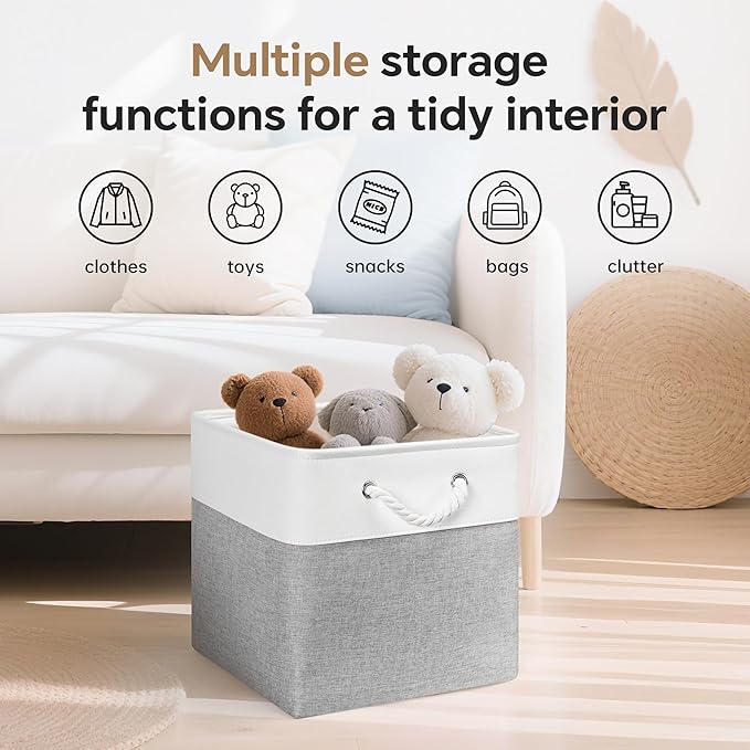 13x13 Inch Cube Storage Bins with Reinforced Bottom Cardboard, 6 Pack Large Collapsible Fabric Storage Cubes with Handles for Shelf, Closet, Toy, Laundry Organization (White&Gray)