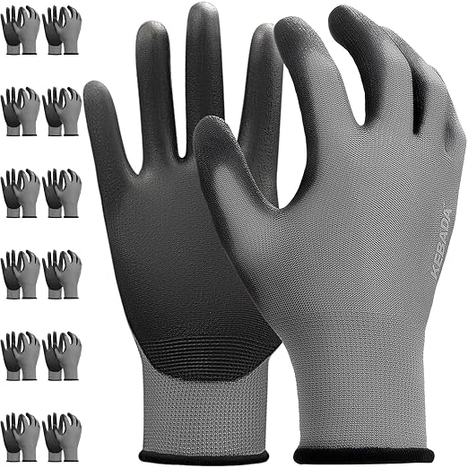 Kebada W1 Work Gloves for Men and Women,12 Pairs Touchscreen Working Gloves with Grip, PU Coating on Palm & Fingers,Gray XXL