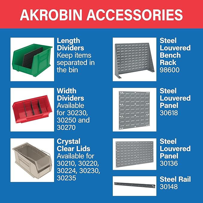 Akro-Mils 30240 AkroBins Plastic Storage Bins, Space-Saving Stackable Bins for Garage, Pantry, Craft Organization, 15-Inch x 8-Inch x 7-Inch, Red, 12-Pack