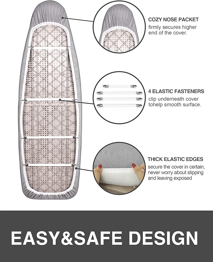Extra Wide Ironing Board Cover and Pad, Sunkloof 18X49 Ironing Board Cover, Resist Scorching and Staining, Extra Thick Reflective Silicone Ironing Board Cover with Padding, Elastic Edges, 4 Fasteners