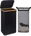 100L Laundry Basket with Lid and Net Bag, Tall Laundry Hamper with Bamboo Handles, Aesthetic Dirty Clothes Bin for Laundry Room, Bathroom, Bedroom and Dorm, Black