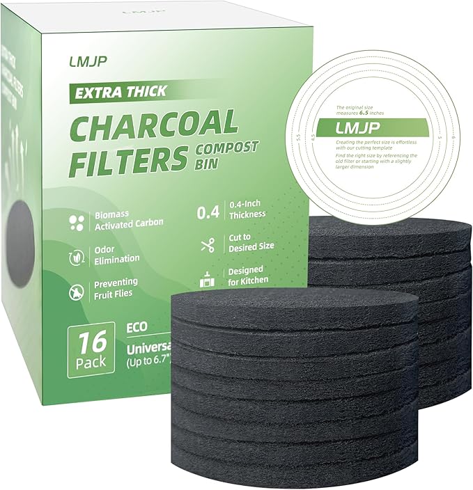 6.7 Inch Charcoal Filters for 16 Pack Kitchen Countertop Compost Bins - Extra Thick 0.4" for Longer Lasting Activated Carbon