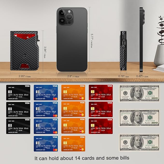 Wallet for Men Wallet with Slim Pop Up Card Holder 9-13 Cards, Bifold Minimalist Smart Wallet RFID Blocking Credit Card Holder with ID Window & Stretchable Cash Slot Compact Metal Aluminum Card Case