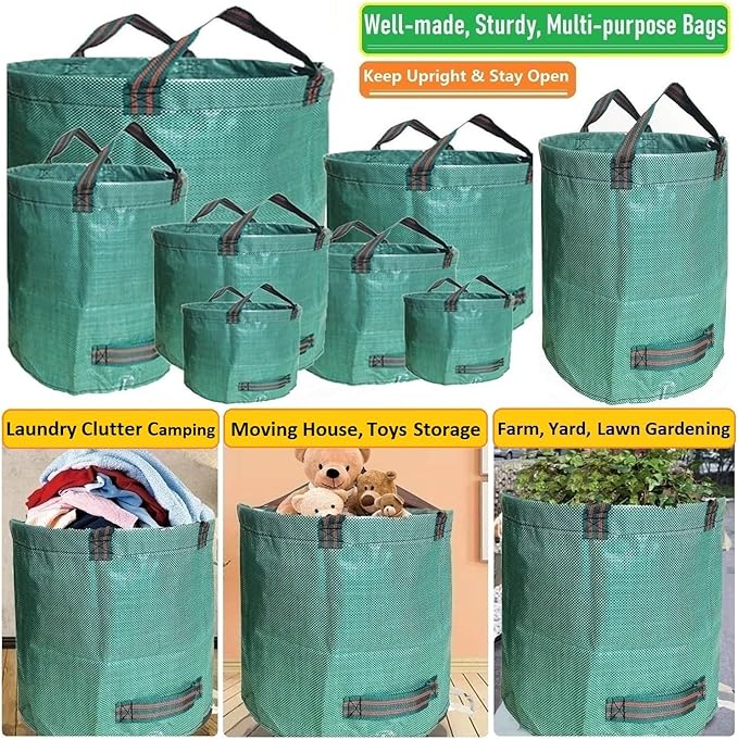 Standard 3-Pack 32 Gallons Yard Garden Bags (D18, H30 inches) with Gardening Gloves, Standable Reusable Leaf Bags,Plant Trimming Bag,Yard Waste Bags,Trash Container,Lawn Grass,Weeds Bag w/ 4 Handles