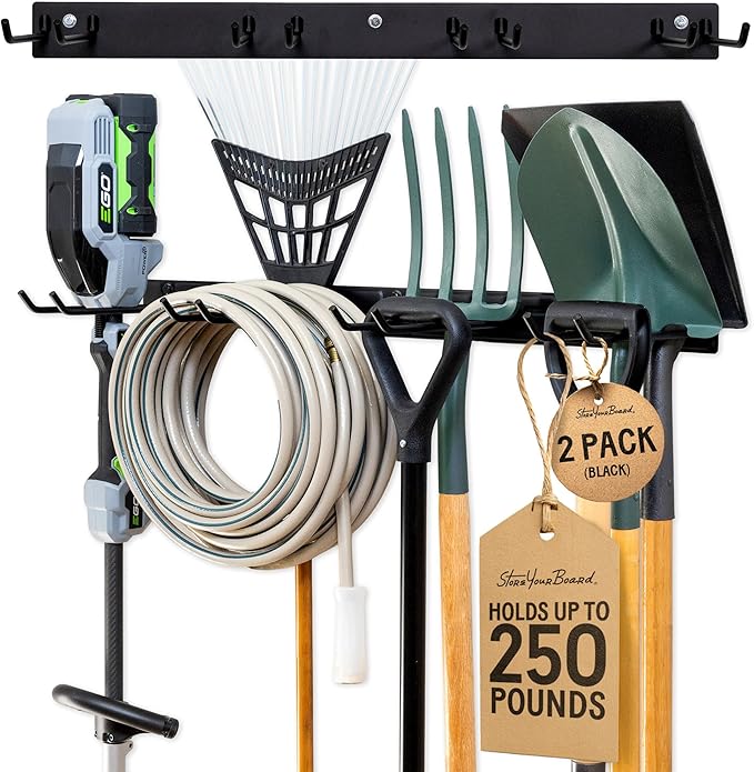 StoreYourBoard Wall-Mounted Rack With 4 Garage Hooks – Heavy-Duty Steel Holder Garage & Garden Storage for Shed, Workshop, or Home Organization – For Rakes, Shovels, Tools & More – 2 Pack, Black