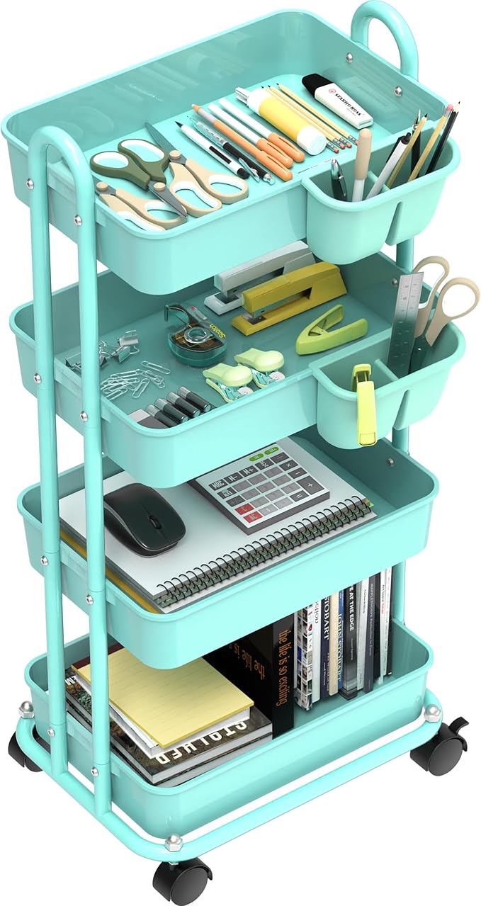 Simple Houseware 4-Tier Multifunctional Rolling Utility Cart with Hanging Buckets, Turquoise