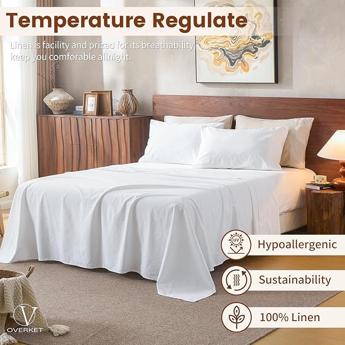 100% Linen Sheets California King Size,Breathable & Durable 4-Piece Bed Flax Sheet Set,Soft All-Season Bedding for Hot Sleepers 16" Deep Pocket Oeko-TEX Certified,（Cal King, White）