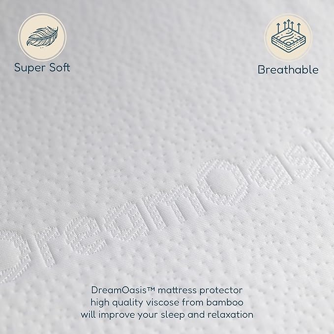 DreamOasis Waterproof Mattress Protector Queen Size - Premium Bamboo Viscose, Super Soft, Breathable, Machine Washable, Noiseless Bed Mattress Cover - White