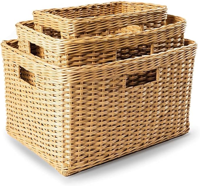 The Basket Lady Tall Rectangular Wicker Storage Basket, Medium, 20 in L x 13 in W x 11 in H, Sandstone