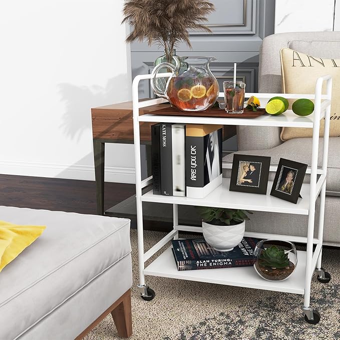 HDANI 3 Tier Metal Utility Multipurpose Rolling Cart, Large Capacity Heavy Duty With Lockable Wheels for Home, Office, Kitchen, Bathroom, Bedroom (White)
