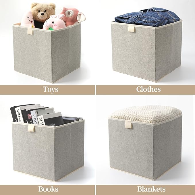 Storage Baskets, 11.8-Inch Woven Fabric Bins, Storage Cubes with Reinforced Handles, Organizer Bins for Closet Shelves, Foldable, for Toys, Clothes, Natural Beige (3PCS/Beige-11.8*11.8*11.8inch)