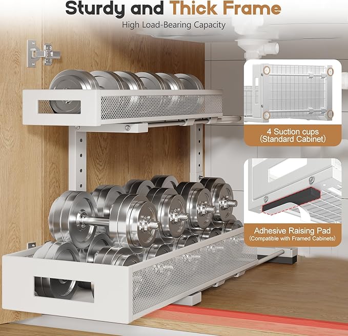 1 Pack 19IN Depth Under Sink Storage Organizer, Large 2-Tier Elegant Mesh Pull Out Shelf for Kitchen and Bathroom Cabinet Organization, L-Shaped and Adjustable Height Design-White
