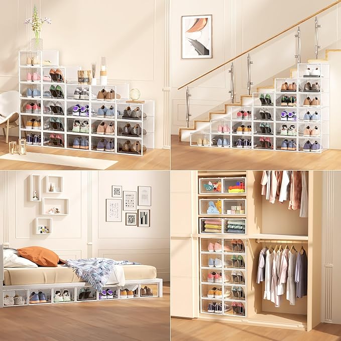 Secret Space 12 Pack Large Shoe Organizer Storage Boxes for Closet, Modular Space Saving Shoe Boxes Clear Plastic Stackable Sneaker Containers Display Case with Lids, White02