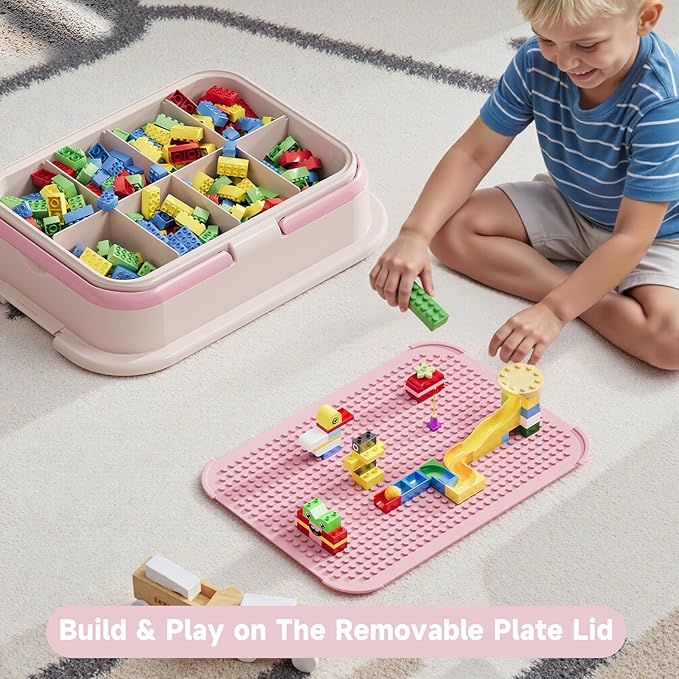 Toy Storage Organizer Box with Handle, Stackable Building Block Toy Box with Building Plate Lid & Removable Sorting Trays, Cubby Bins and Containers 3 Layer (Pink)