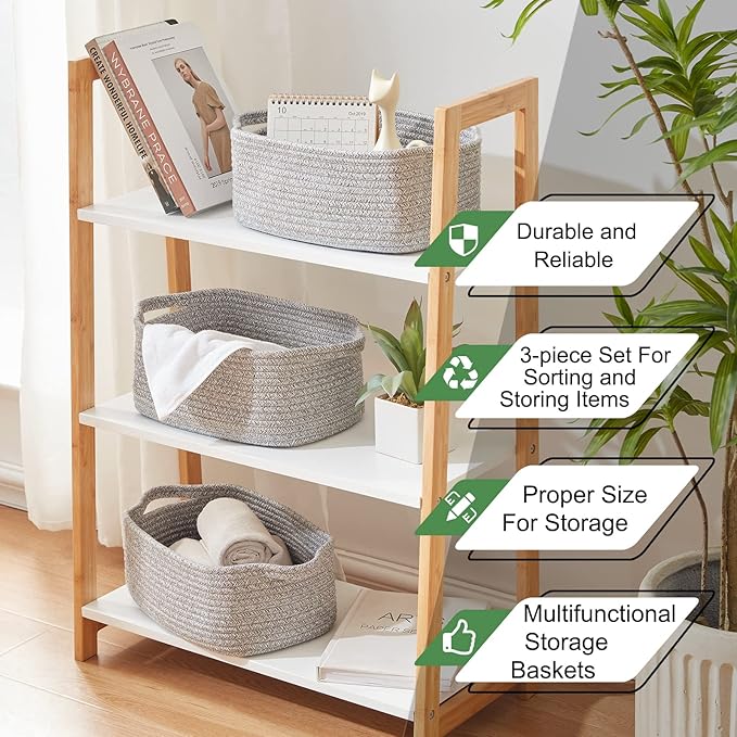 OIAHOMY Cotton Rope Baskets, Woven Baskets for Storage, Nursery Storage Baskets, Rectangle Storage Basket with Handles, Storage Baskets for Shelves, Pack of 3, Gray Variegated