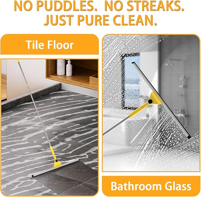 Multi-Purpose V-Shaped Grout Brush with 16.9" Floor Squeegee Set, Long Handle Floor Scrub Brush for Cleaning Bathroom Tile Corner Baseboards, Squeegee for Cleaning Garage Floor Window Glass