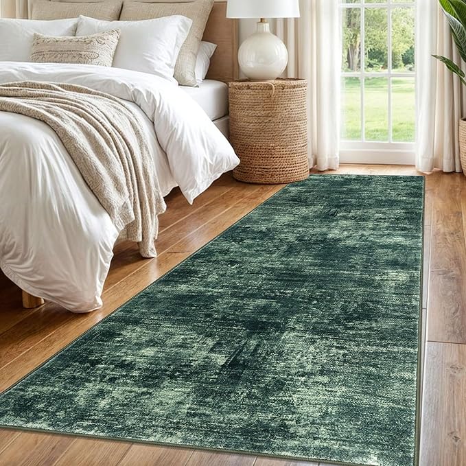 IOHOUZE Abstract Runner Rug 3x8 Ft Washable Runners for Hallways, Non Slip Kitchen Runner Printed Faux Wool Entryway Runner Indoor, Modern Abstract Floor Carpet for Hall Bedroom, Dark Green