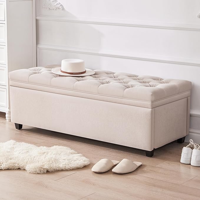 50" Storage Ottoman Bench, Tufted Ottoman with Storage for Living Room, Large End of Bed Ottomans, Modern Entryway Benchs, Window & Bedroom Benches for Foot of Bed (Beige)