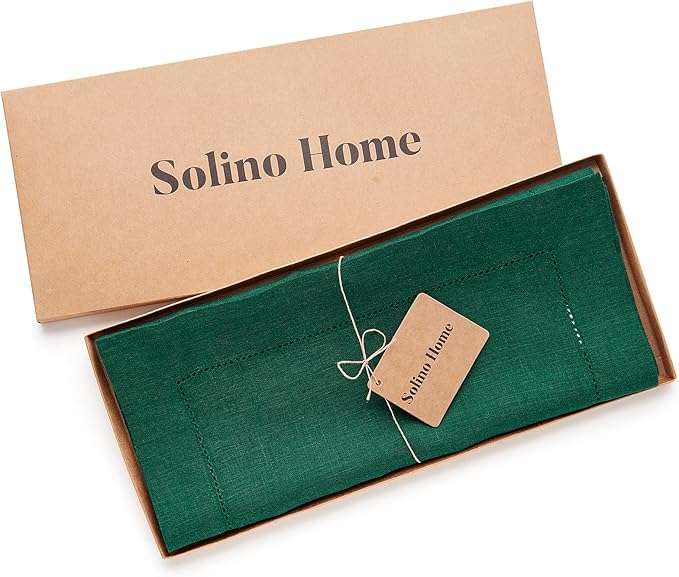 Solino Home Linen Rainforest Green Table Runner 120 Inches Long - 100% Pure Linen Hemstitch 14 x 120 Inch Table Runner for Dining, Christmas, New Year - Classic Hemstitch