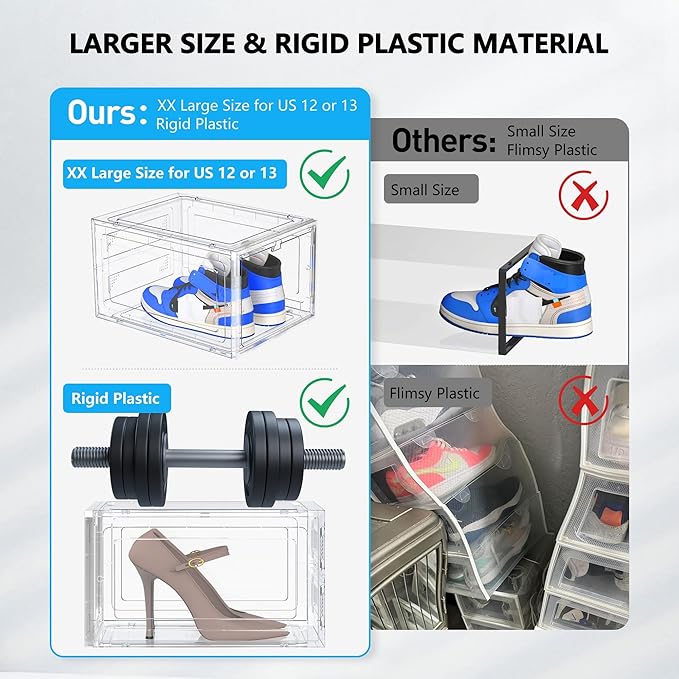 12 Pack Hard Sturdy Thickened Rigid XX Large Shoe Storage Organizer for Closet, Clear Stackable Sneaker Shoe Boxes Rack Containers Display Case Bins with Lids, White