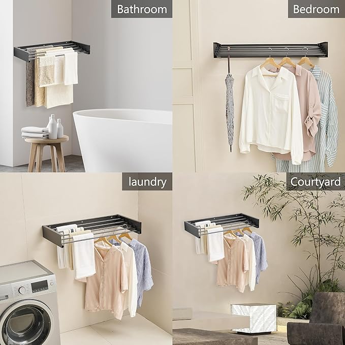JOOM Laundry Drying Rack Collapsible, Wall Mounted Clothes Drying Rack, Retractable Drying Rack, 31.5" Wide, 5 Aluminum Rods, 60 lb Capacity (Black 31.5")