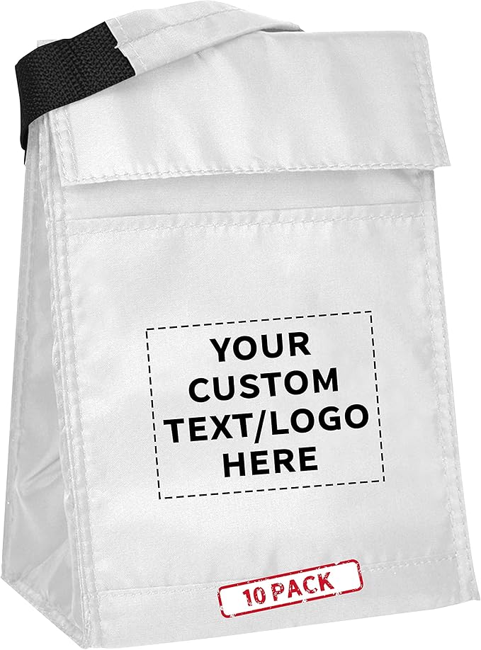 DISCOUNT PROMOS 10 Hook and Loop Insulated Lunch Bags Set - Customizable Text, Logo - Polyester, Durable, Vibrant, Reusable - White