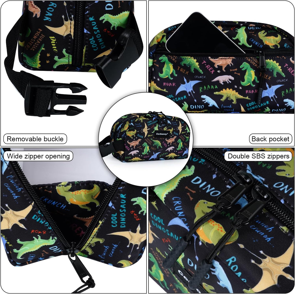 Cerbonny Freezable Cooler Bag for Work/School Travel - Mini Insulated Bag Fit For Yogurt, Suit for 3+(Black Dinosaur)