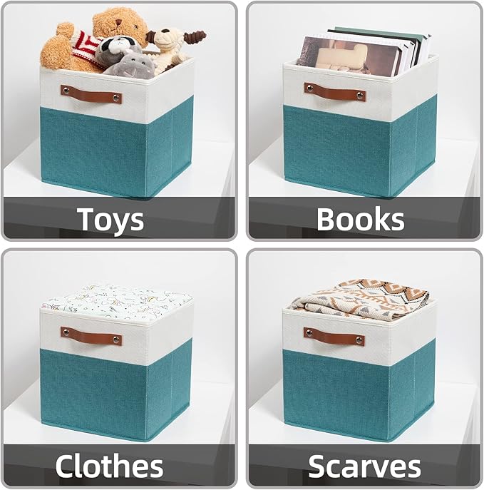 HNZIGE Fabric Storage Cube Bins Baskets for Organizing, 11 inch Cube Storage Bins, Set of 4, Collapsible Storage Bin with Handles, Closet Organizers and Storage Home Toy Nursery Bedroom(White Teal)