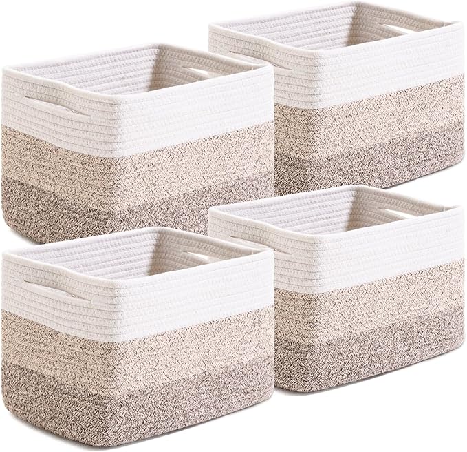 Small Storage Baskets for Organizing Shelves, Woven Cotton Rope Basket for Storage, Cute Rectangular Book Toy Baskets, 12.7"×9.1"×7.9", 4 Packs, Gradient Brown