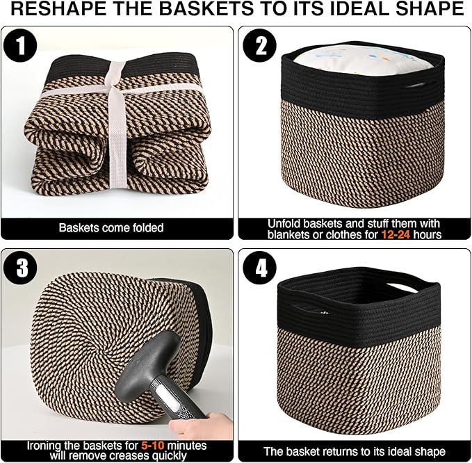 11 Inch Cube Storage Bins, Storage Cube Organizer Bins, Woven Cotton Rope Baskets for Storage, Storage Basket for Organizing Shelves, Square Baskets for Toys Nursery, Black & Jute (Pack of 3)