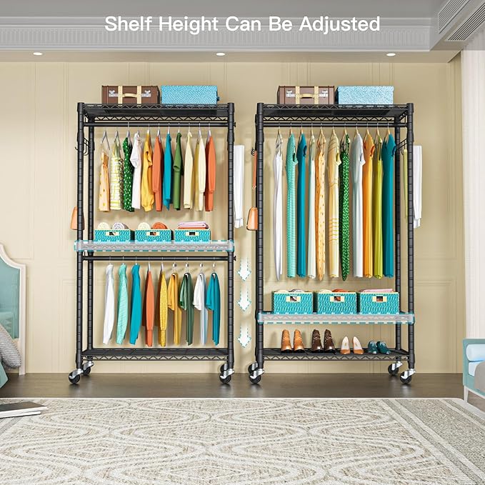 FUTASSI P1 Heavy Duty Garment Rack, 3 Tiers Adjustable Rolling Metal Closet Organizer with Lockable Wheels, FreeStanding Wardrobe with Double Hanger Rods & 1 Pair Hooks, Max Load 450 LBS, Black