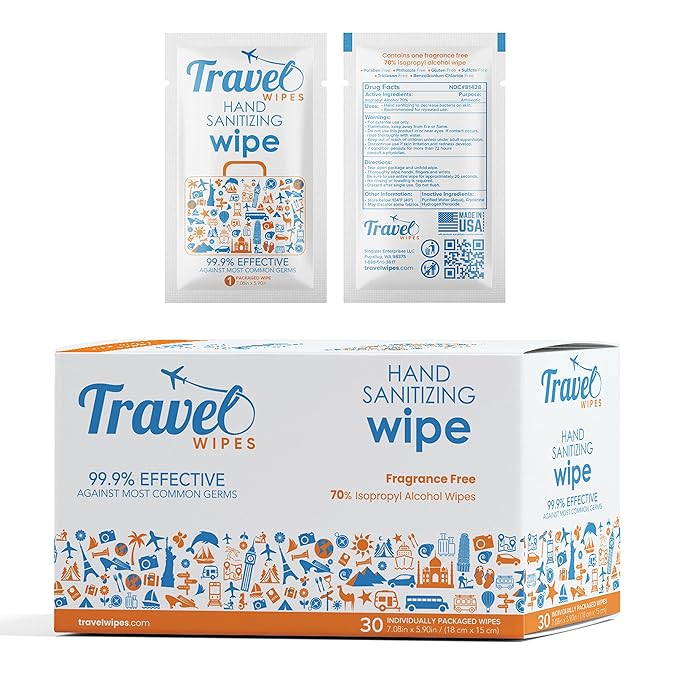 Hand Sanitizing Travel Wipes – 30ct Individually Wrapped | Fragrance-Free, Moisturizing, 70% Isopropyl Alcohol Wipes | Travel, Home, Office, Daily Use | Made in USA
